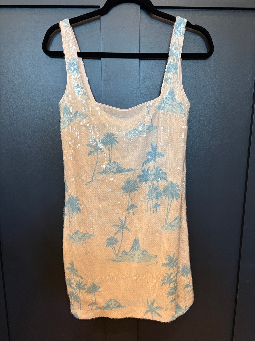 707. Giani Bernini Cream Sequin Palm-Print Mini Dress with Light Blue Accents